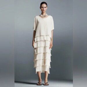 NWOT Zara Ivory Crinkled Short Sleeve Midi Dress with Ruffle Detail Size Medium